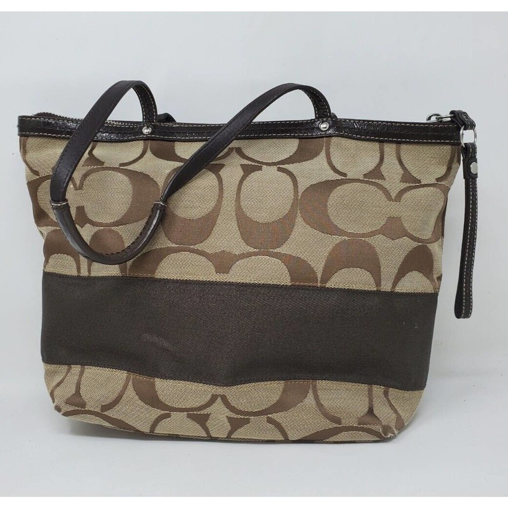 Coach Signature Brown Jacquard Leather Shoulder Tote Purse Bag Logo CC